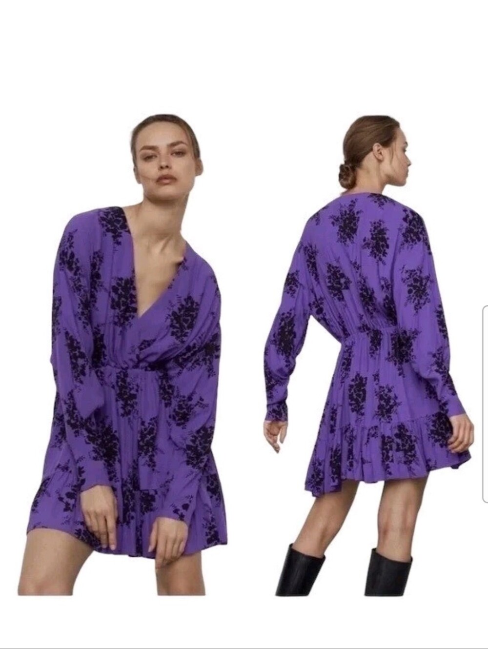 Zara Women's Small Purple & Black  Floral Mini Dress With Ruffle Hem - Picture 16 of 16